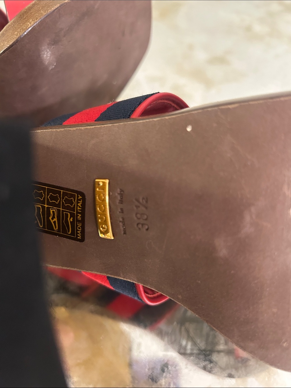 Gucci Red Leather and Navy Web Horsebit Sandals - Picture 5 of 7